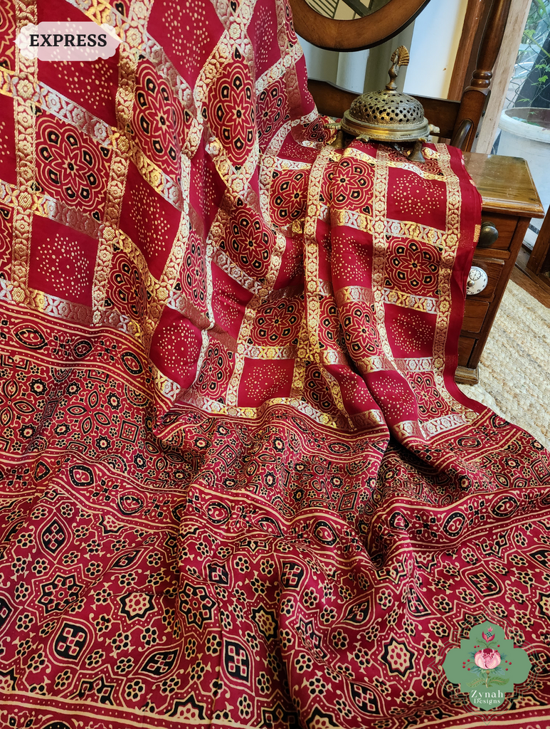 Zynah Maroon Ajrakh Modal Silk Hand Block Printed Gharchola Saree With Gold Woven Border; Custom Stitched/Ready-made Blouse, Fall, Petticoat; SKU: 3107202501