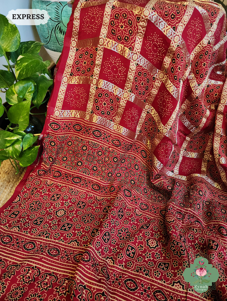 Zynah Maroon Ajrakh Modal Silk Hand Block Printed Gharchola Saree With Gold Woven Border; Custom Stitched/Ready-made Blouse, Fall, Petticoat; SKU: 3107202501
