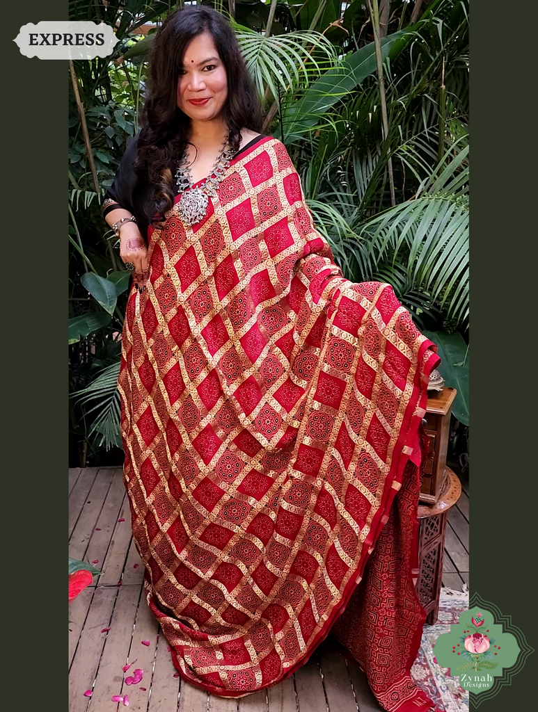 Zynah Maroon Ajrakh Modal Silk Hand Block Printed Gharchola Saree With Gold Woven Border; Custom Stitched/Ready-made Blouse, Fall, Petticoat; SKU: 3107202501