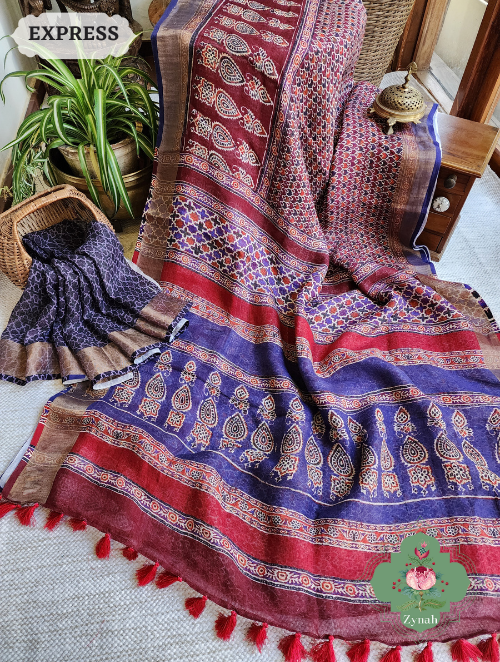 Zynah Maroon Linen Saree With Ajrakh Print; Custom Stitched/Ready-made Blouse, Fall, Petticoat; SKU: 2504202305