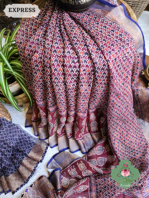 Zynah Maroon Linen Saree With Ajrakh Print; Custom Stitched/Ready-made Blouse, Fall, Petticoat; SKU: 2504202305