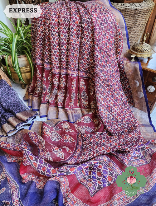 Zynah Maroon Linen Saree With Ajrakh Print; Custom Stitched/Ready-made Blouse, Fall, Petticoat; SKU: 2504202305
