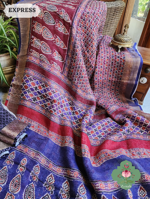 Zynah Maroon Linen Saree With Ajrakh Print; Custom Stitched/Ready-made Blouse, Fall, Petticoat; SKU: 2504202305