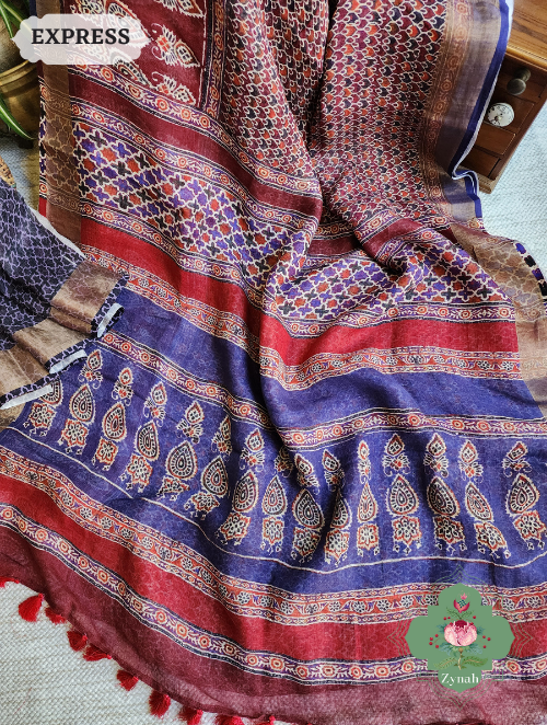 Zynah Maroon Linen Saree With Ajrakh Print; Custom Stitched/Ready-made Blouse, Fall, Petticoat; SKU: 2504202305