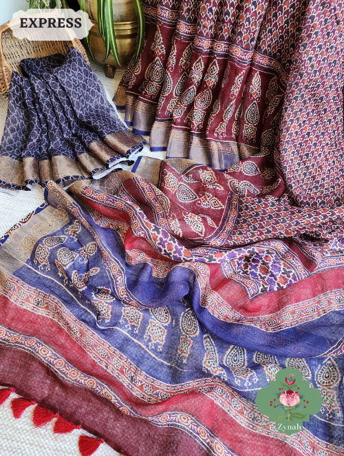 Zynah Maroon Linen Saree With Ajrakh Print; Custom Stitched/Ready-made Blouse, Fall, Petticoat; SKU: 2504202305