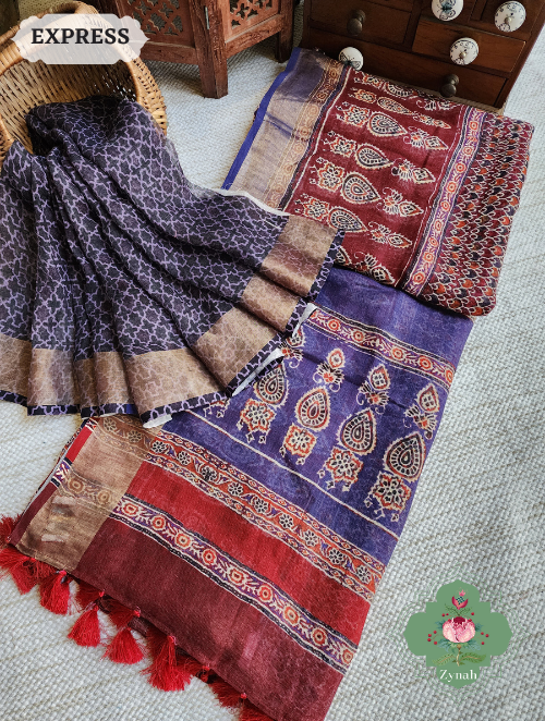 Zynah Maroon Linen Saree With Ajrakh Print; Custom Stitched/Ready-made Blouse, Fall, Petticoat; SKU: 2504202305