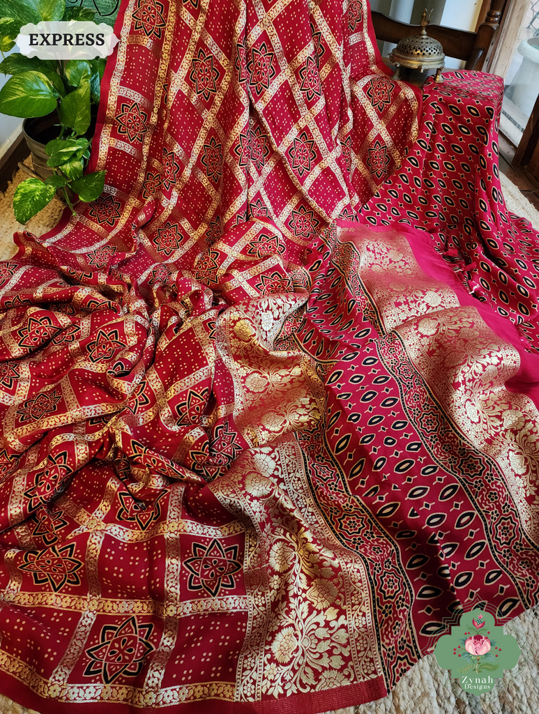 Zynah Maroon Ajrakh Modal Silk Hand Block Printed Gharchola Saree With Gold Woven Border; Custom Stitched/Ready-made Blouse, Fall, Petticoat; SKU: 3107202502