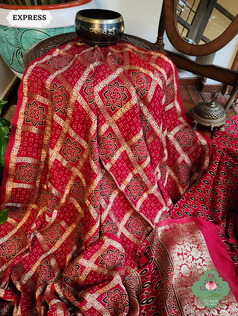 Zynah Maroon Ajrakh Modal Silk Hand Block Printed Gharchola Saree With Gold Woven Border; Custom Stitched/Ready-made Blouse, Fall, Petticoat; SKU: 3107202502
