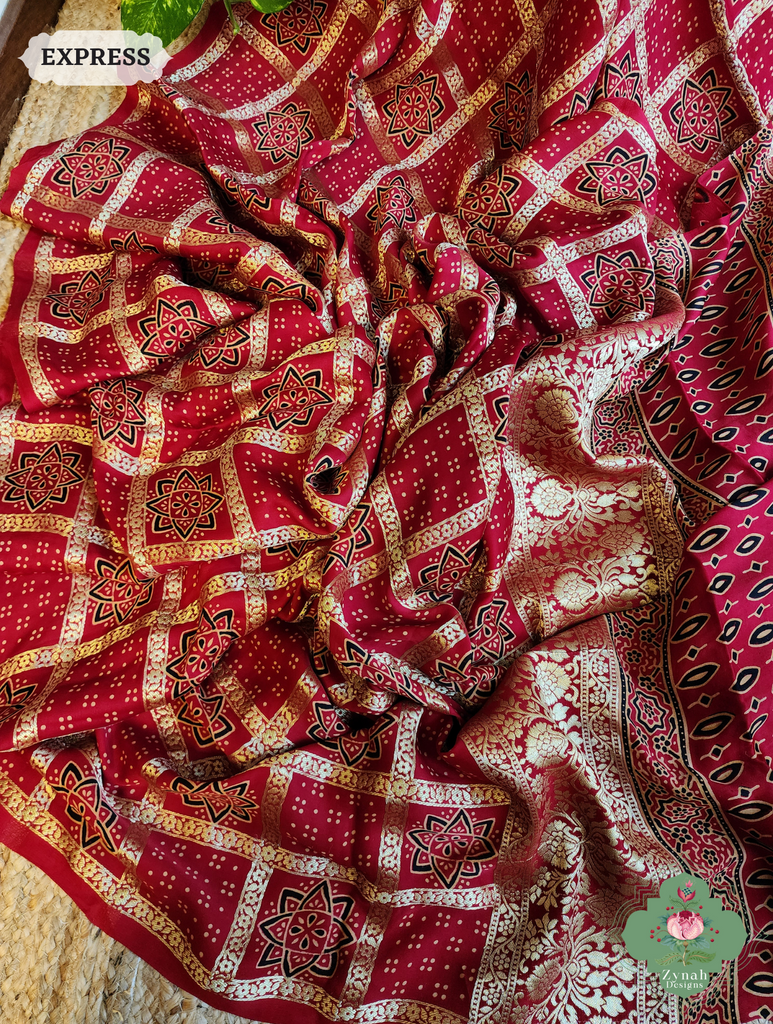 Zynah Maroon Ajrakh Modal Silk Hand Block Printed Gharchola Saree With Gold Woven Border; Custom Stitched/Ready-made Blouse, Fall, Petticoat; SKU: 3107202502