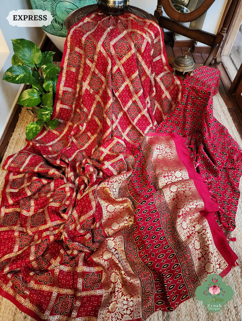 Zynah Maroon Ajrakh Modal Silk Hand Block Printed Gharchola Saree With Gold Woven Border; Custom Stitched/Ready-made Blouse, Fall, Petticoat; SKU: 3107202502