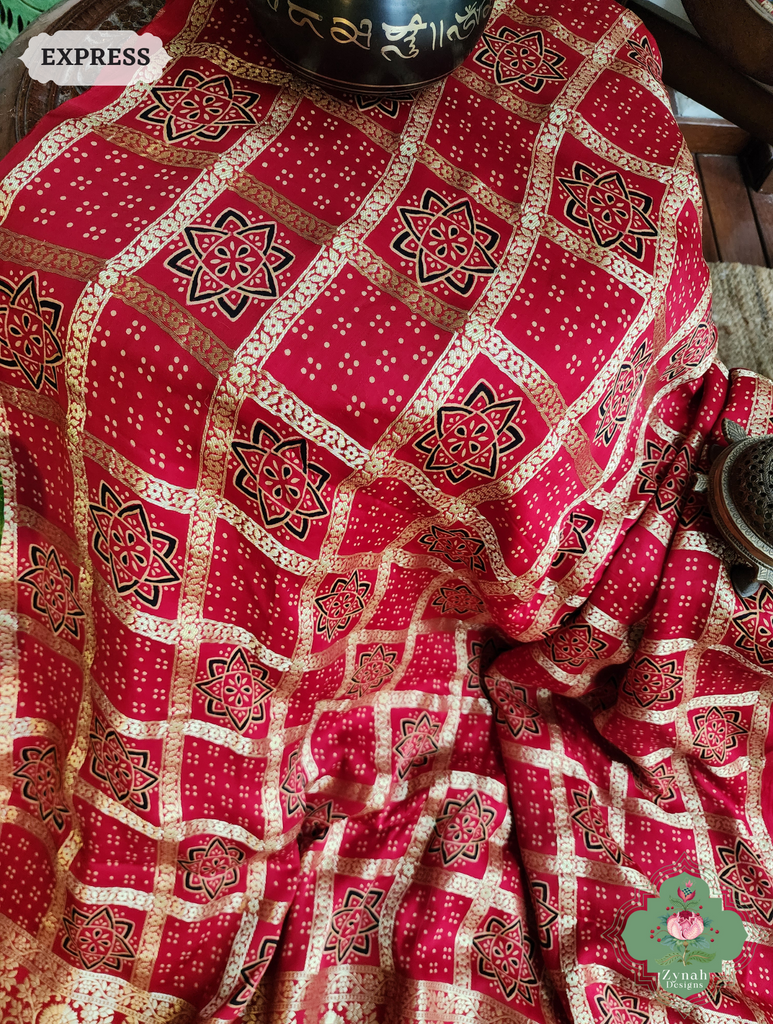 Zynah Maroon Ajrakh Modal Silk Hand Block Printed Gharchola Saree With Gold Woven Border; Custom Stitched/Ready-made Blouse, Fall, Petticoat; SKU: 3107202502
