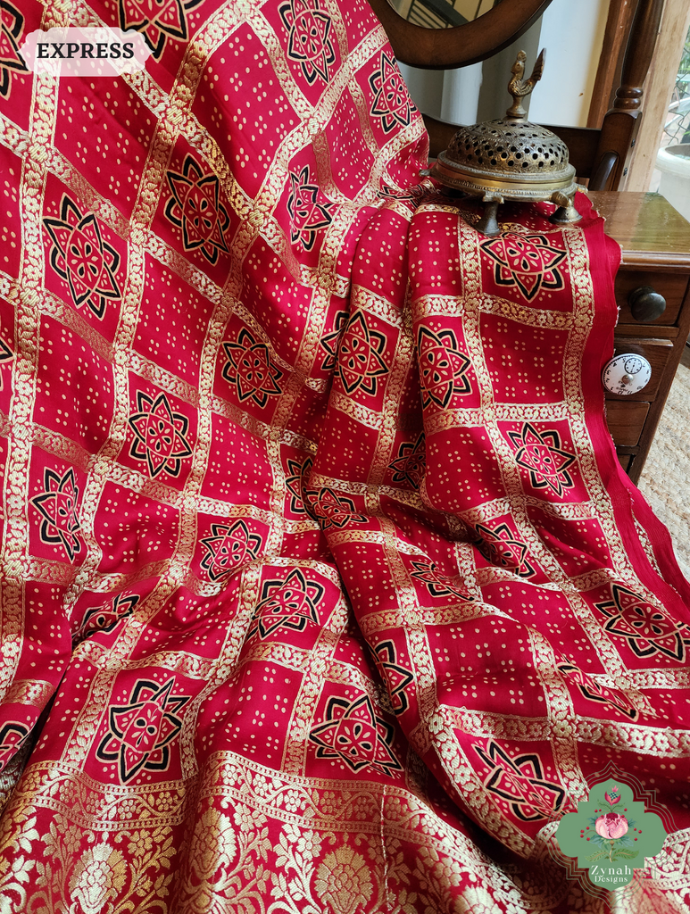 Zynah Maroon Ajrakh Modal Silk Hand Block Printed Gharchola Saree With Gold Woven Border; Custom Stitched/Ready-made Blouse, Fall, Petticoat; SKU: 3107202502