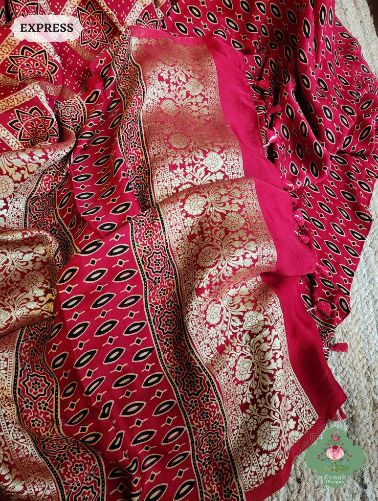 Zynah Maroon Ajrakh Modal Silk Hand Block Printed Gharchola Saree With Gold Woven Border; Custom Stitched/Ready-made Blouse, Fall, Petticoat; SKU: 3107202502