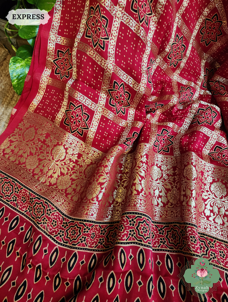 Zynah Maroon Ajrakh Modal Silk Hand Block Printed Gharchola Saree With Gold Woven Border; Custom Stitched/Ready-made Blouse, Fall, Petticoat; SKU: 3107202502