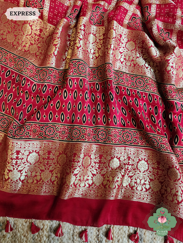 Zynah Maroon Ajrakh Modal Silk Hand Block Printed Gharchola Saree With Gold Woven Border; Custom Stitched/Ready-made Blouse, Fall, Petticoat; SKU: 3107202502