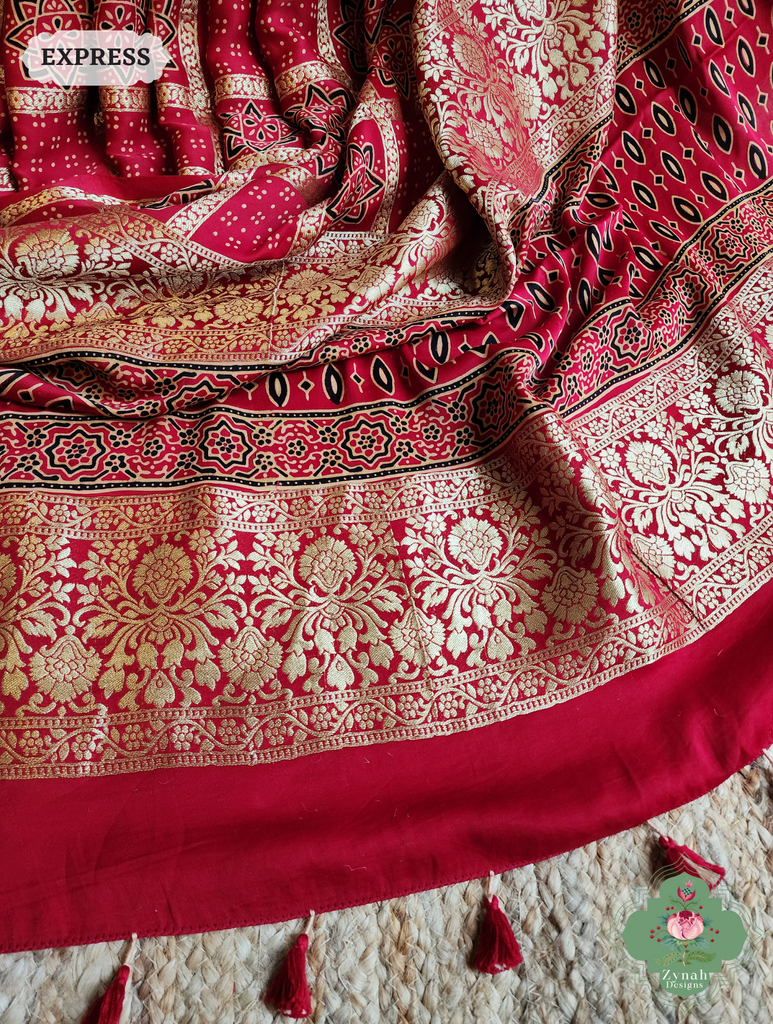 Zynah Maroon Ajrakh Modal Silk Hand Block Printed Gharchola Saree With Gold Woven Border; Custom Stitched/Ready-made Blouse, Fall, Petticoat; SKU: 3107202502