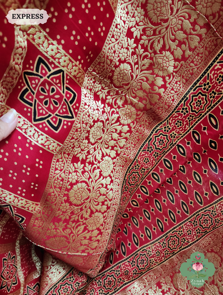 Zynah Maroon Ajrakh Modal Silk Hand Block Printed Gharchola Saree With Gold Woven Border; Custom Stitched/Ready-made Blouse, Fall, Petticoat; SKU: 3107202502