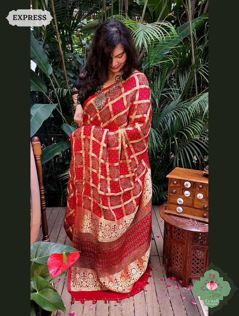 Zynah Maroon Ajrakh Modal Silk Hand Block Printed Gharchola Saree With Gold Woven Border; Custom Stitched/Ready-made Blouse, Fall, Petticoat; SKU: 3107202502