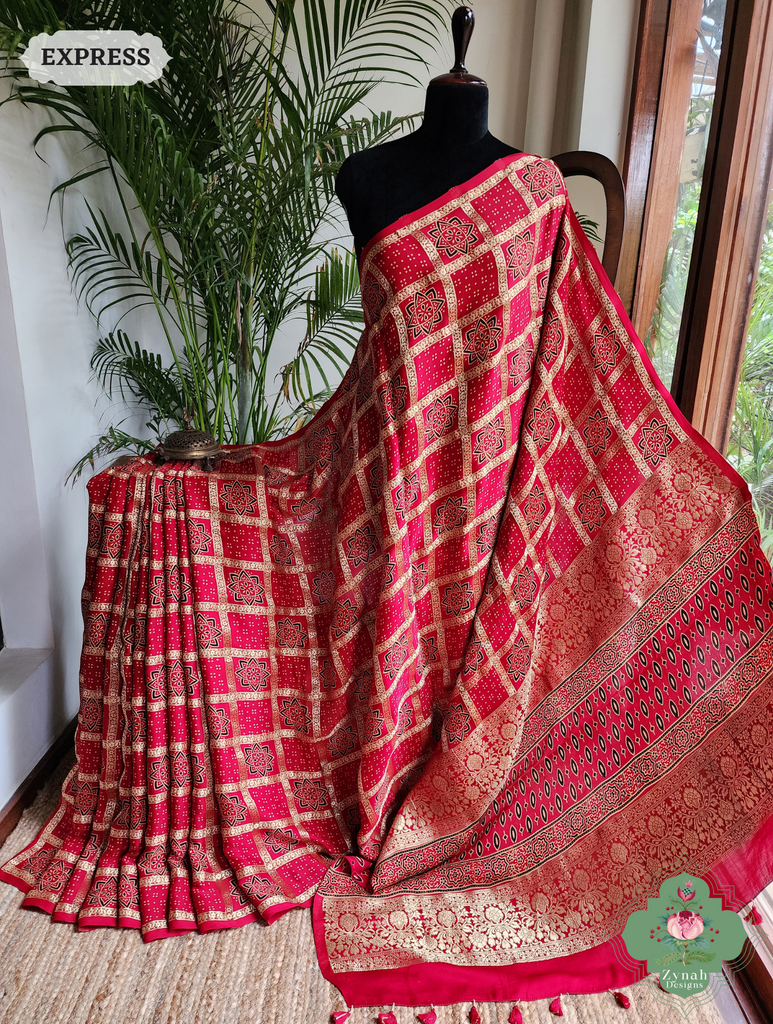 Zynah Maroon Ajrakh Modal Silk Hand Block Printed Gharchola Saree With Gold Woven Border; Custom Stitched/Ready-made Blouse, Fall, Petticoat; SKU: 3107202502