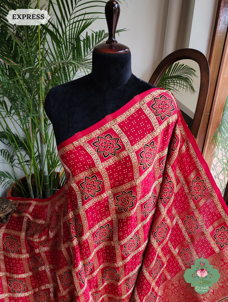 Zynah Maroon Ajrakh Modal Silk Hand Block Printed Gharchola Saree With Gold Woven Border; Custom Stitched/Ready-made Blouse, Fall, Petticoat; SKU: 3107202502