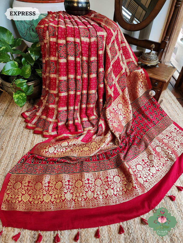 Zynah Maroon Ajrakh Modal Silk Hand Block Printed Gharchola Saree With Gold Woven Border; Custom Stitched/Ready-made Blouse, Fall, Petticoat; SKU: 3107202502