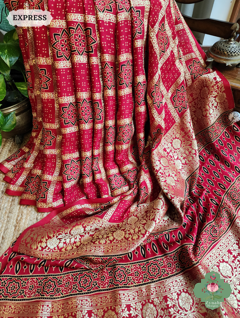 Zynah Maroon Ajrakh Modal Silk Hand Block Printed Gharchola Saree With Gold Woven Border; Custom Stitched/Ready-made Blouse, Fall, Petticoat; SKU: 3107202502