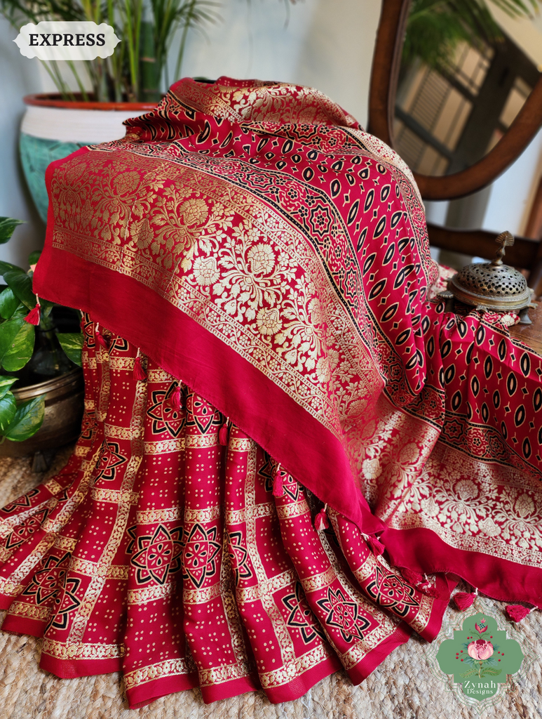 Zynah Maroon Ajrakh Modal Silk Hand Block Printed Gharchola Saree With Gold Woven Border; Custom Stitched/Ready-made Blouse, Fall, Petticoat; SKU: 3107202502