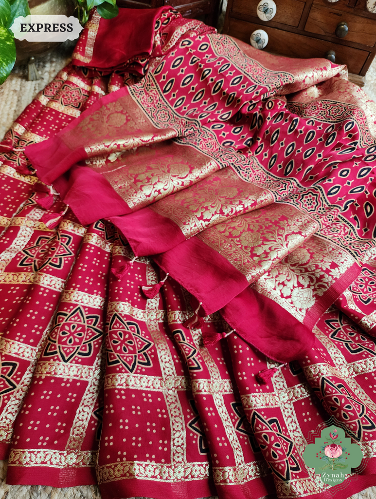 Zynah Maroon Ajrakh Modal Silk Hand Block Printed Gharchola Saree With Gold Woven Border; Custom Stitched/Ready-made Blouse, Fall, Petticoat; SKU: 3107202502