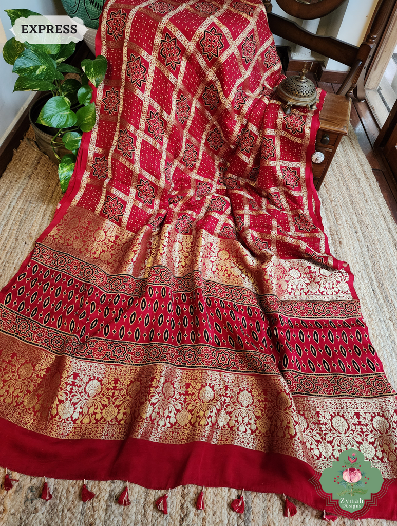 Zynah Maroon Ajrakh Modal Silk Hand Block Printed Gharchola Saree With Gold Woven Border; Custom Stitched/Ready-made Blouse, Fall, Petticoat; SKU: 3107202502