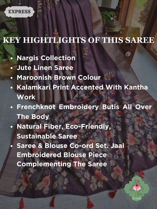 Maroonish Brown Jute Linen Saree, Kalamkari Pallu With Kantha Work, All Over Frenchknot Embroidery Butis