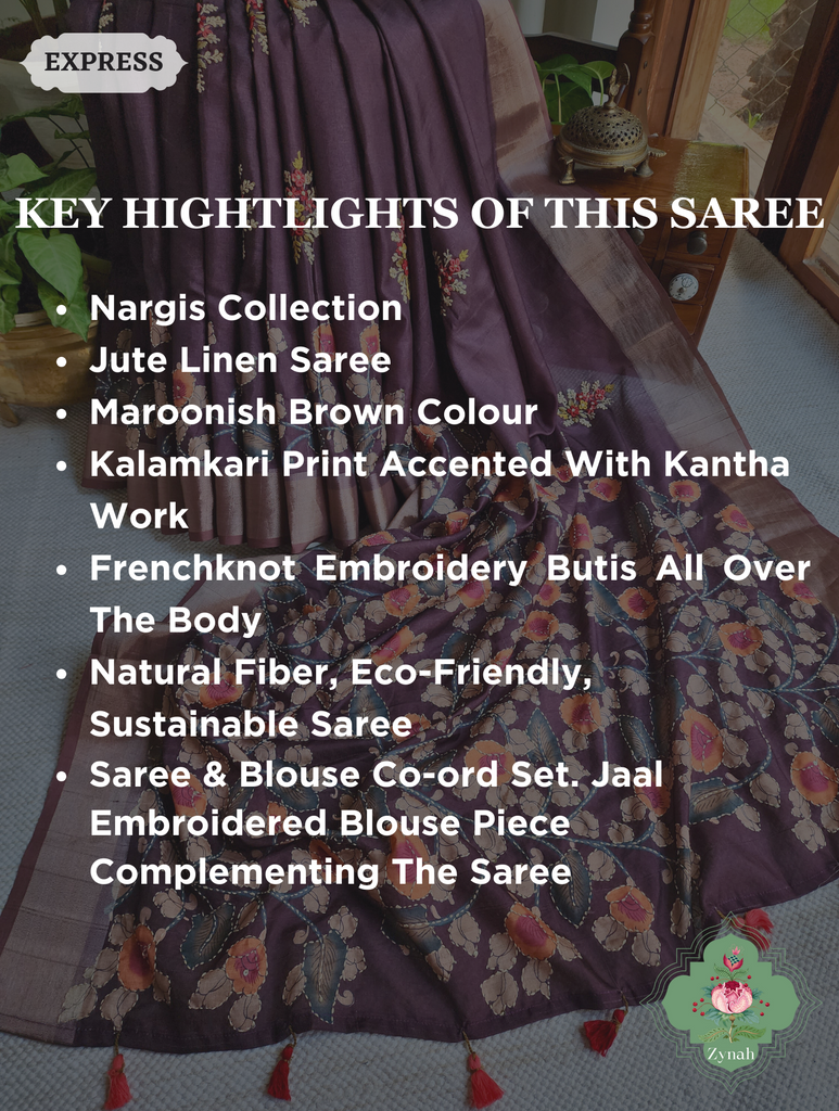 Maroonish Brown Jute Linen Saree, Kalamkari Pallu With Kantha Work, All Over Frenchknot Embroidery Butis