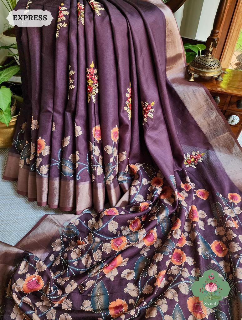 Maroonish Brown Jute Linen Saree, Kalamkari Pallu With Kantha Work, All Over Frenchknot Embroidery Butis
