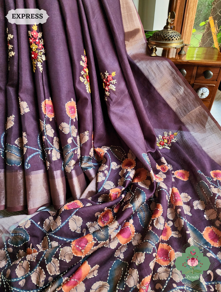 Maroonish Brown Jute Linen Saree, Kalamkari Pallu With Kantha Work, All Over Frenchknot Embroidery Butis