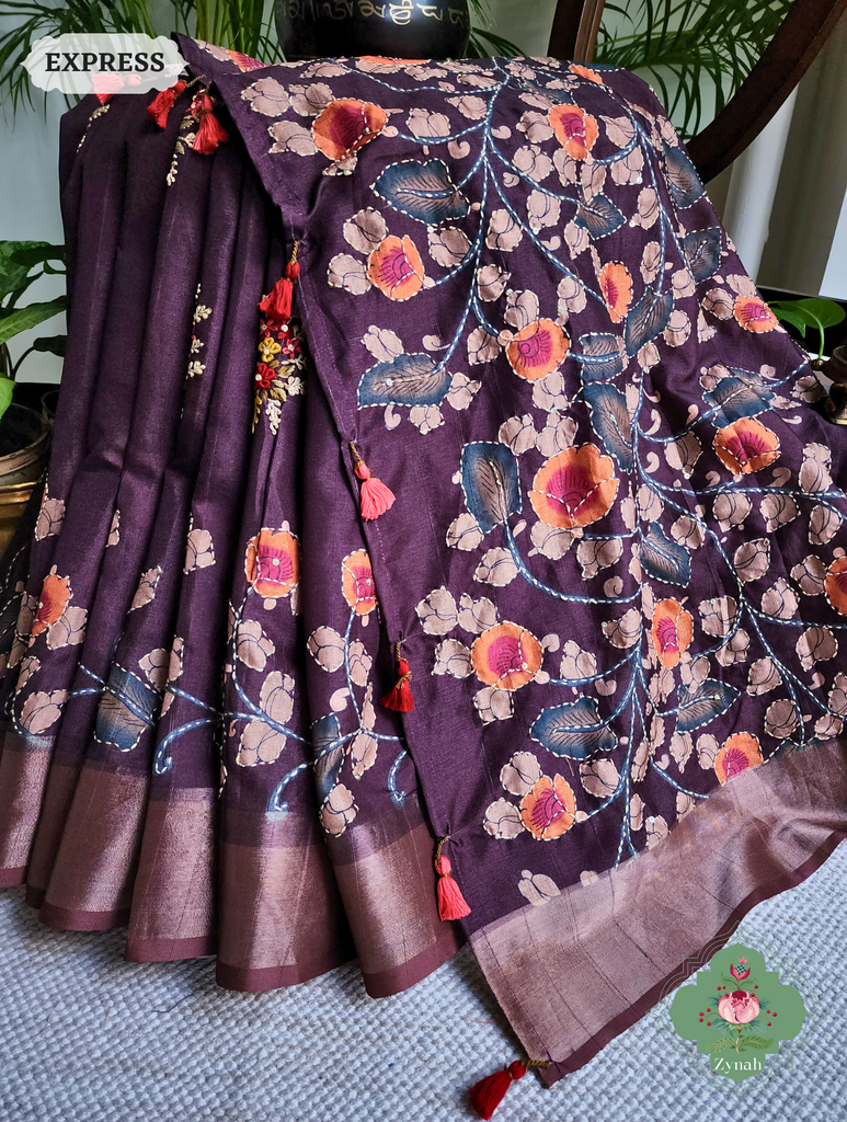 Maroonish Brown Jute Linen Saree, Kalamkari Pallu With Kantha Work, All Over Frenchknot Embroidery Butis