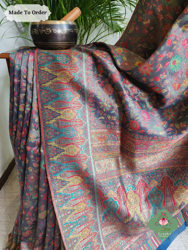 Zynah Made To Order Mauve Handwoven Kashmiri Pure Kani Tissue Silk Jamavar Saree; Custom Stitched/Ready-made Blouse, Fall, Petticoat; SKU: 0110202508