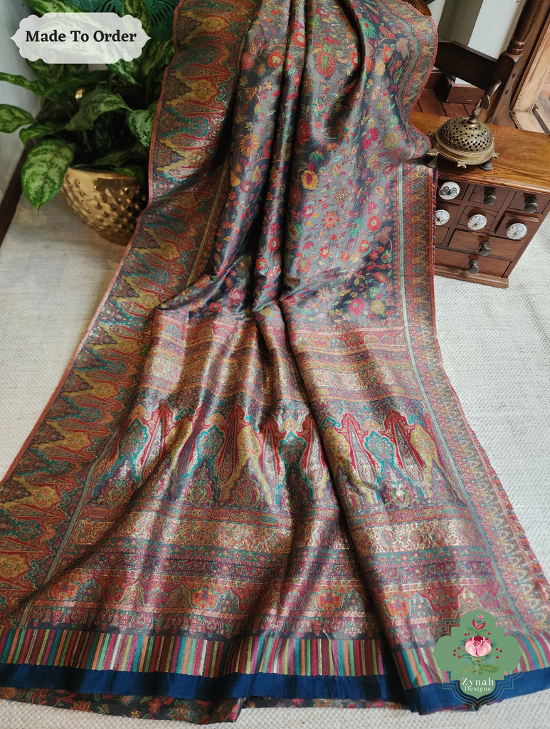 Zynah Made To Order Mauve Handwoven Kashmiri Pure Kani Tissue Silk Jamavar Saree; Custom Stitched/Ready-made Blouse, Fall, Petticoat; SKU: 0110202508