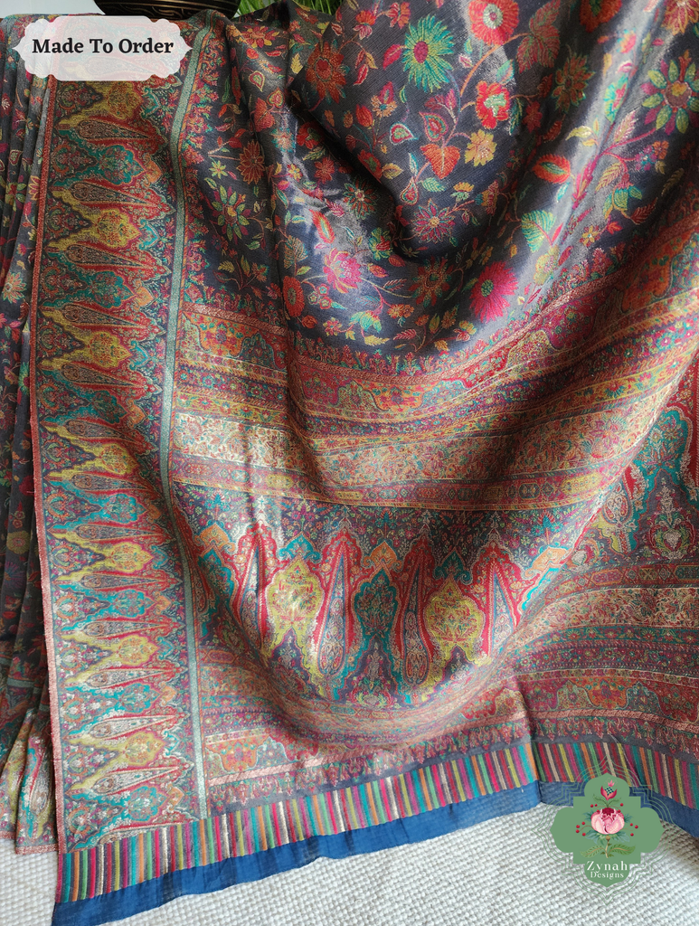 Zynah Made To Order Mauve Handwoven Kashmiri Pure Kani Tissue Silk Jamavar Saree; Custom Stitched/Ready-made Blouse, Fall, Petticoat; SKU: 0110202508