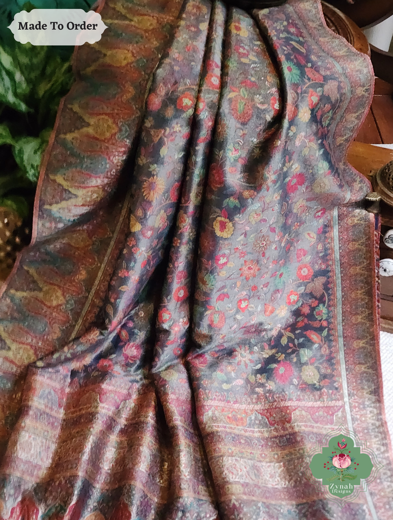 Zynah Made To Order Mauve Handwoven Kashmiri Pure Kani Tissue Silk Jamavar Saree; Custom Stitched/Ready-made Blouse, Fall, Petticoat; SKU: 0110202508