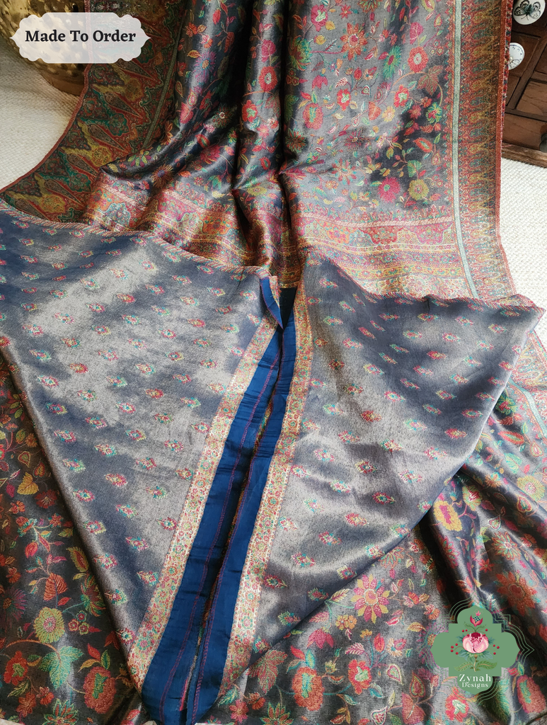 Zynah Made To Order Mauve Handwoven Kashmiri Pure Kani Tissue Silk Jamavar Saree; Custom Stitched/Ready-made Blouse, Fall, Petticoat; SKU: 0110202508