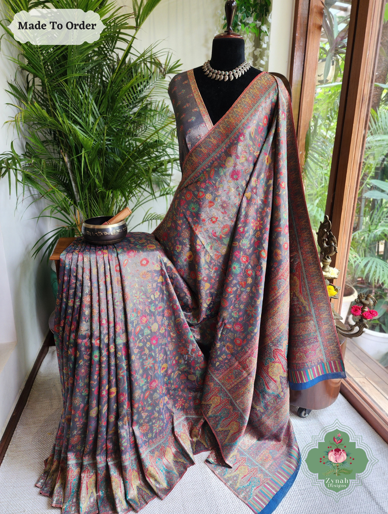 Zynah Made To Order Mauve Handwoven Kashmiri Pure Kani Tissue Silk Jamavar Saree; Custom Stitched/Ready-made Blouse, Fall, Petticoat; SKU: 0110202508