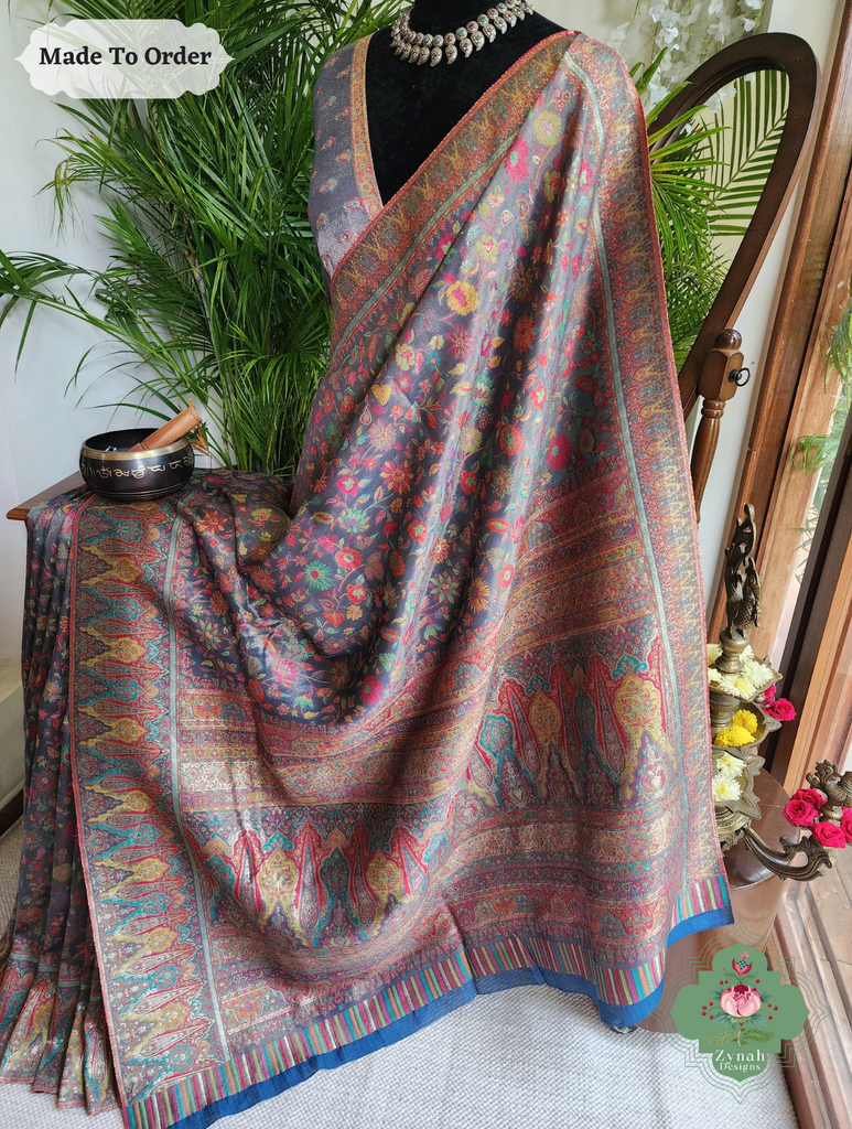 Zynah Made To Order Mauve Handwoven Kashmiri Pure Kani Tissue Silk Jamavar Saree; Custom Stitched/Ready-made Blouse, Fall, Petticoat; SKU: 0110202508