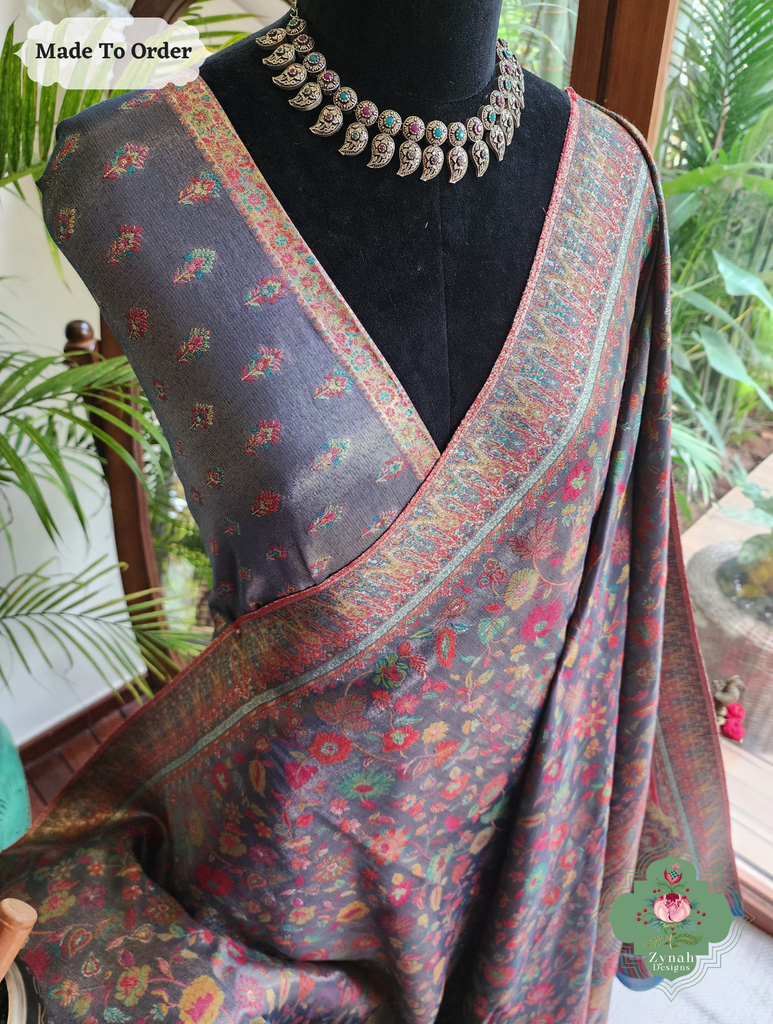 Zynah Made To Order Mauve Handwoven Kashmiri Pure Kani Tissue Silk Jamavar Saree; Custom Stitched/Ready-made Blouse, Fall, Petticoat; SKU: 0110202508