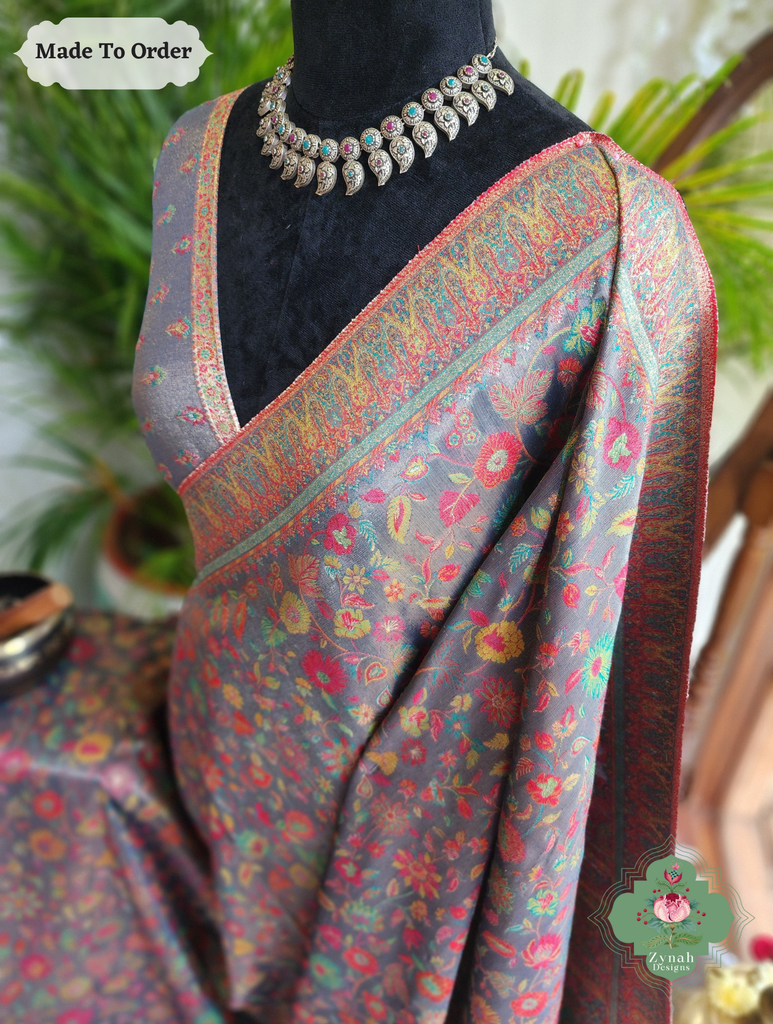 Zynah Made To Order Mauve Handwoven Kashmiri Pure Kani Tissue Silk Jamavar Saree; Custom Stitched/Ready-made Blouse, Fall, Petticoat; SKU: 0110202508