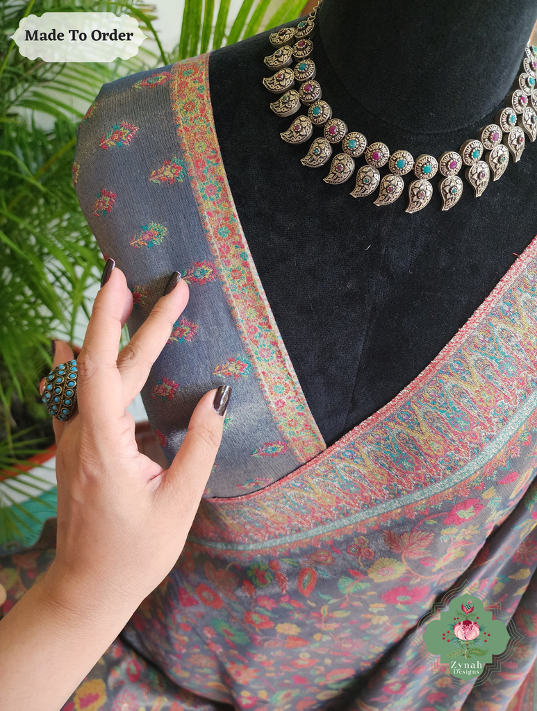 Zynah Made To Order Mauve Handwoven Kashmiri Pure Kani Tissue Silk Jamavar Saree; Custom Stitched/Ready-made Blouse, Fall, Petticoat; SKU: 0110202508