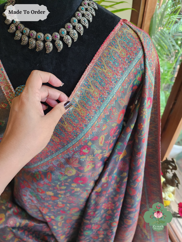 Zynah Made To Order Mauve Handwoven Kashmiri Pure Kani Tissue Silk Jamavar Saree; Custom Stitched/Ready-made Blouse, Fall, Petticoat; SKU: 0110202508