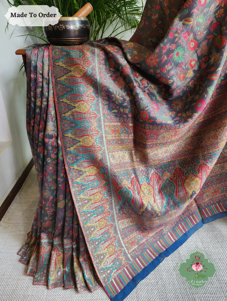 Zynah Made To Order Mauve Handwoven Kashmiri Pure Kani Tissue Silk Jamavar Saree; Custom Stitched/Ready-made Blouse, Fall, Petticoat; SKU: 0110202508