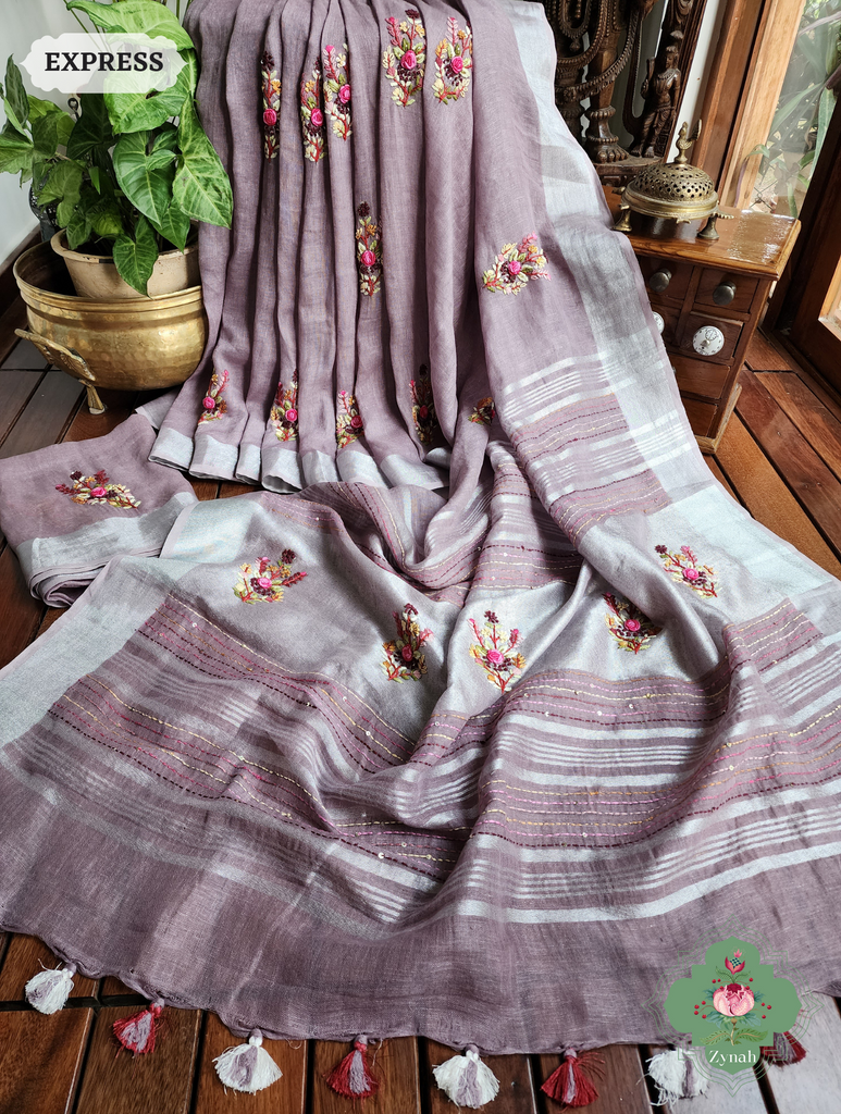 Grey Organic Linen Saree With Pichwai Print 1