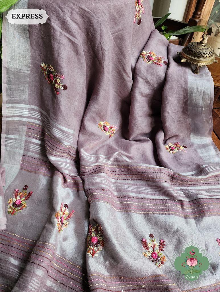 Grey Organic Linen Saree With Pichwai Print 6