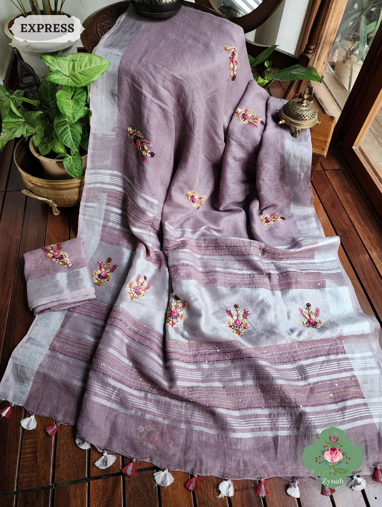 Grey Organic Linen Saree With Pichwai Print 7
