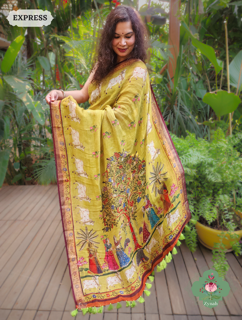 Zynah Henna Green Organic Linen Saree With Pichwai Print; Custom Stitched/Ready-made Blouse, Fall, Petticoat; SKU: 1006202301